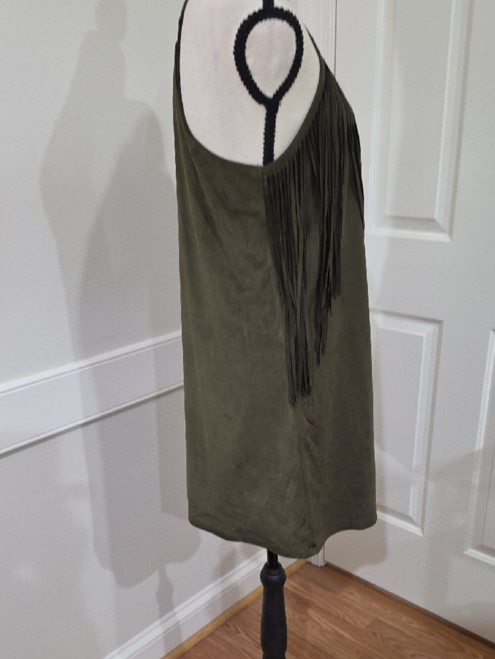 YA Los Angeles Olive Green Faux Suede Fringe Mini Dress - Size Small - Picture 9 of 13